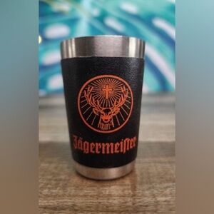 Jagermeister Stainless Shot Glass Black Leather Wrap Metal Orange LOGO